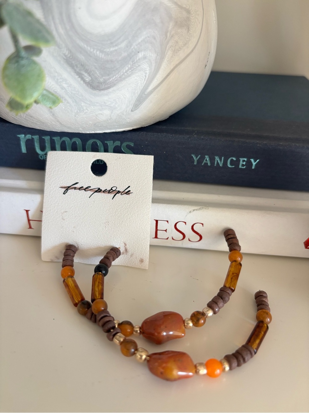 Free People Flynn Wood Boho Brown & Amber Beaded Hoop Earrings